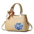 Beige leather handbag with blue peony embroidery and elegant silk scarf handle decoration - Khaki/Peony