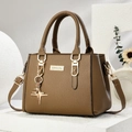 Brown litchi leather handbag with gold star charm and detachable shoulder strap - Star Style/Khaki
