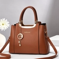 Stylish brown litchi pattern PU leather tote bag with gold metal hardware and pearl charm - Khaki/Earth Yellow