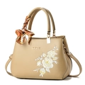 Elegant apricot handbag with floral embroidery and silk scarf handle accent - Khaki/Corsage