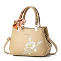 Khaki embroidered handbag with floral pattern and decorative polka dot silk scarf - Khaki/Plum Blossom
