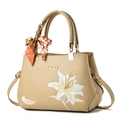 Elegant beige handbag with white lily embroidery, gold logo, and decorative polka dot scarf - Khaki/Lily