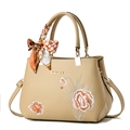 Beige leather tote bag with orange floral embroidery and patterned silk scarf handle wrap - Khaki/Hydrangea