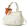 Elegant cream tote bag with rose embroidery, floral scarf, and detachable strap - Off-white/Rose