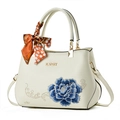 Beige leather handbag with blue peony embroidery and elegant orange polka dot scarf - Off-white/Peony
