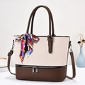 Chic two-tone tote bag with cream ribbing, brown leather, and decorative scarf detail - Off White