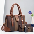 3-delige bruine gestreepte PU-lederen handtassenset met gouden ring en schouderband - Lengte 32 Breedte 13 Hoogte 22 / koffiekleur