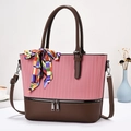 Pink and brown striped bucket bag with silk scarf handle and adjustable shoulder strap - Pink