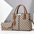 Checkered tote bag set with floral logos and leather straps on geometric backdrop - L30xW13xH23cm / Light Lattice Khaki