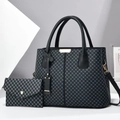 Große schwarze Tote-Bag mit geometrischem Muster, kleiner Clutch und Goldbeschlägen - L30xB13xH23cm / Chinesische Mauer Muster Schwarz