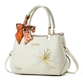 Elegant white embroidered handbag with lily pattern and decorative orange polka dot scarf - Off-white/Lily