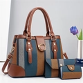 Driedelige damestassenset met gestreepte geweven textuur en bruine details - Lengte 32 Breedte 13 Hoogte 22 / Blauw