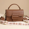 Brown leather crossbody bag with retro design and embroidered wide fabric strap - Brown