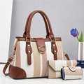 Set borsa 3 pezzi in tela color crema con finiture in pelle marrone da donna elegante - Bianco Sporco