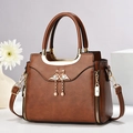 Retro brown leather tote bag with swan metal ornament and pearl charm for women - L24 W12 H20cm / Khaki/Earth Yellow