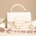 Elegante borsa a mano in pelle PU crema con fibbia decorativa e tracolla ricamata etnica - Bianco