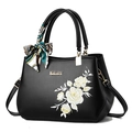 Elegant black handbag with rose floral embroidery and decorative silk scarf handle - Black/Corsage