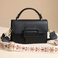 Fashionable black crossbody bag with vintage ethnic strap and square buckle detail - Black