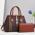 Chic tricolor striped tote bag and matching brown wallet set with metallic buckle detail - Coffee