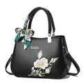 Elegant black embroidered handbag with floral patterns and stylish decorative silk scarf - Black/Plum Blossom