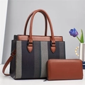 Set borsa da donna due pezzi con borsa a righe e portafoglio marrone coordinato - Nero