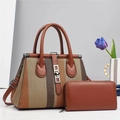 Contrast woven tote bag with matching long wallet and adjustable shoulder strap - Khaki