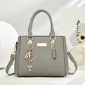 Grey pebbled leather handbag with gold hardware and elegant letter pendant charm - Diamond Style/Light Gray