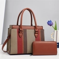 Set borsa da donna 2 pezzi con borsa a righe e portafoglio in pelle marrone coordinato - Rosso