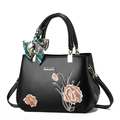 Black embroidered handbag with orange floral patterns and elegant silk scarf handle - Black/Hydrangea