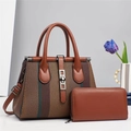 Retro woven tote bag and matching wallet set with stylish striped design and top handles - Khaki/Earth Yellow