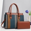 Three-color striped tote bag set with matching wallet and adjustable shoulder strap - Blue