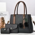 3-piece black woven leather handbag set with brown straps and cherry tassel charm - Black