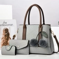 Three-piece grey faux snake skin handbag set with brown straps and plush charm - Gray
