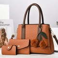 3-piece set brown snakeskin pattern tote bag with crossbody strap and cherry keychain - Khaki/Earth Yellow