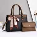 Litchi texture tote bag and pouch set in brown and black with decorative silk scarf - Black