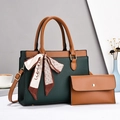 Litchi texture dark green and brown tote bag set with matching wallet and silk scarf - Green