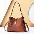 Brown crocodile texture handbag with gold buckle and adjustable strap in three-layer design - Earthy Yellow