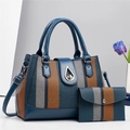 Striped woven handbag and purse set with blue leather trim and metal lock clasp - Blue