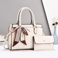 Beige lychee pattern handbag and wallet set with decorative silk scarf and gold hardware - Off-white