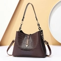 Deep brown crocodile embossed bucket bag with gold clasp and versatile chain strap - Coffee