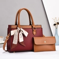Burgundy lychee grain tote bag with brown pouch and silk scarf decoration - Burgundy