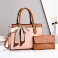 Pink and brown lychee textured tote bag set with a printed silk scarf and clutch bag - Pink