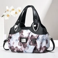 Sac à main Boston pour femme en toile fleurie noire avec longue bandoulière - Bleu Avec Poignée Noire (Longue Bandoulière)