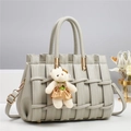 Light grey hand-woven large tote bag with lychee texture and cute bear charm pendant - 28*14*18CM / Sage Grey