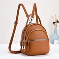 Brown faux leather mini backpack with multi-zipper compartments and silver hardware - Khaki/Earth Yellow