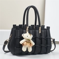 Black woven leather tote bag with litchi texture and a cute teddy bear charm - 28*14*18CM / Black