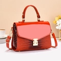 Orange glossy faux leather tote bag with crocodile pattern, gold buckle and shoulder strap - L22.5 W11 H17 / Red
