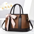 Brown and coffee color contrast bucket bag with lychee texture and pink floral scarf - Khaki