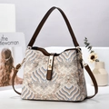 Borsa a secchiello vintage in jacquard con motivi etnici e tracolla in pelle - 24cmx12cmx20cm / Cachi