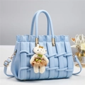 Detail of light blue woven handbag with lychee texture and cute bear pendant charm - 28*14*18CM / Light Blue